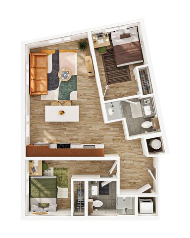 Modern 2D floor plan showcasing two cozy bedrooms, inviting living area, sleek kitchen, and two stylish bathrooms.