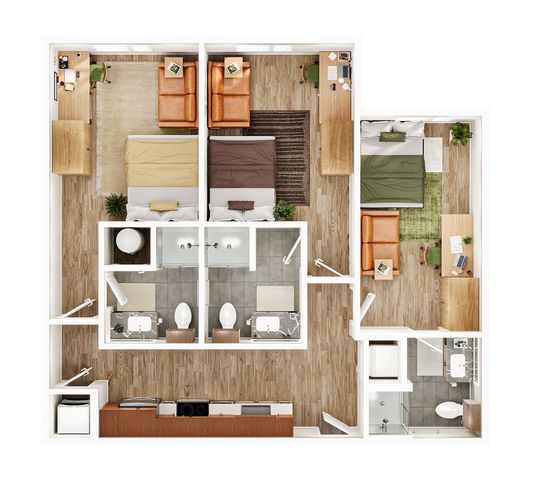 Modern floor plan showcasing three bedrooms, two bathrooms, and a cozy open-concept living and kitchen area with stylish wooden flooring.