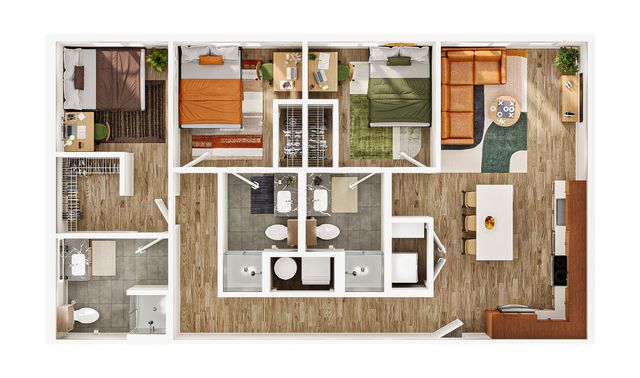 Contemporary 2D floor plan showcasing 3 bedrooms, a modern open-plan living area, and a sleek kitchen with island seating.