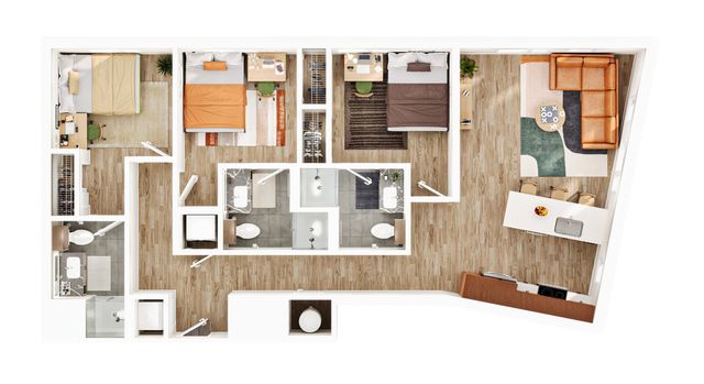 Modern 3-bedroom apartment floor plan with elegant ensuite bathrooms, a cozy open-plan living space, and a stylish kitchen with breakfast bar.