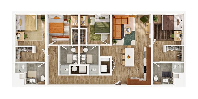 Modern 3-bedroom floor plan with a spacious open-concept living area, sleek kitchen, and cozy dining space. Features include two stylish bathrooms and ample storage closets.