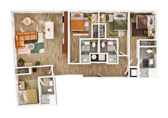 Modern and spacious floor plan featuring three bedrooms, a stylish open living and dining area, and two elegant bathrooms.