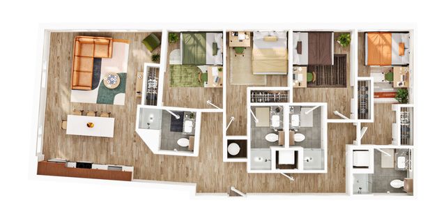 Modern and spacious floor plan showcasing three bedrooms, open living area with cozy seating, and a sleek kitchen layout, perfect for comfortable living.