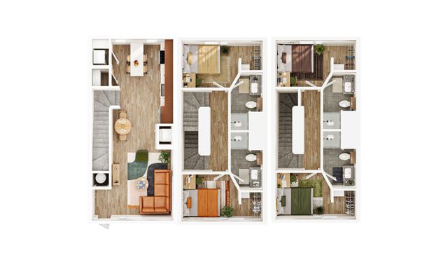 Modern floor plan featuring a stylish open-concept living room, elegant dining area, and a sleek kitchen, alongside two chic bedrooms, each with an en-suite bathroom.