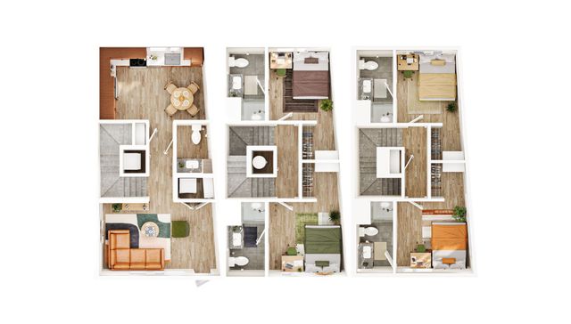 Elegant 3D floor plan showcasing three bedrooms, a modern kitchen, cozy living area, and multiple bathrooms, perfect for a comfortable lifestyle.