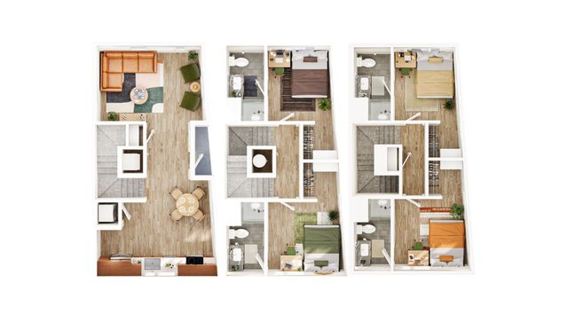 Modern 3D floor plan showcasing three-story townhouse design with elegant living room, stylish bedrooms, and functional kitchen with dining area.