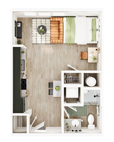 Charming studio apartment floor plan with a cozy bedroom area, sleek kitchen, and modern bathroom, maximizing space and comfort.