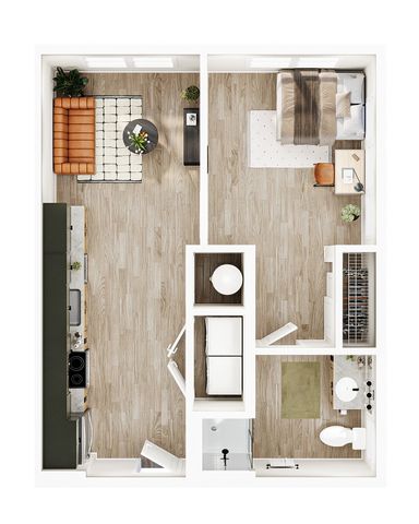 Modern 1-bedroom apartment floor plan with open living space, sleek kitchen, and cozy bedroom layout.