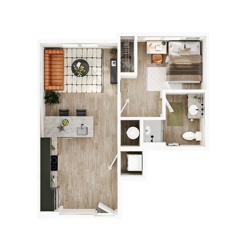 Contemporary 1-bedroom floor plan featuring a spacious living area, modern kitchen with island, cozy bedroom, and sleek bathroom.
