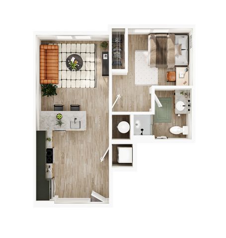 Modern 1-bedroom apartment layout featuring an open-concept living area, sleek kitchen, and a stylish bathroom.