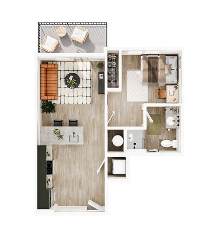 Modern floor plan featuring a cozy 1-bedroom apartment with open-concept living area, sleek kitchen, and private balcony.