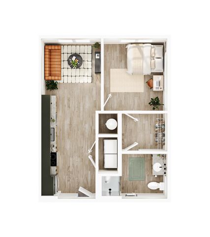 Elegant floor plan showcasing a modern one-bedroom apartment with a cozy living area, sleek kitchen, and stylish bathroom, perfect for contemporary living.