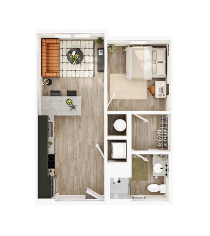 Modern floor plan with one bedroom, open-concept kitchen and living area, and a stylish bathroom layout.