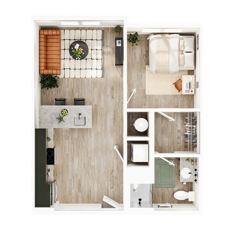 Modern 1-bedroom apartment floor plan with open-concept living area, stylish kitchen, and cozy bedroom. Includes bathroom and spacious closet.