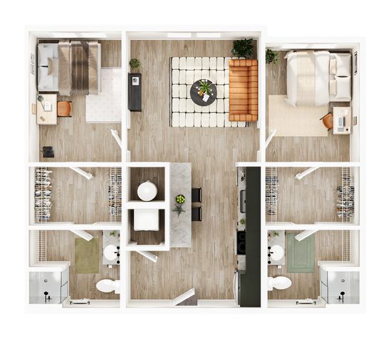 Modern floor plan featuring 2 bedrooms, stylish open living area, sleek kitchen, and elegant bathrooms with ample storage space.