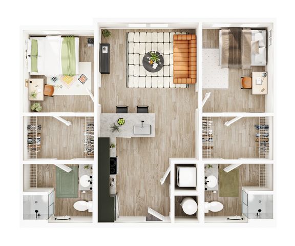 Modern 2D floor plan showcasing an open-concept layout with two cozy bedrooms, a stylish living area, and a sleek kitchen.