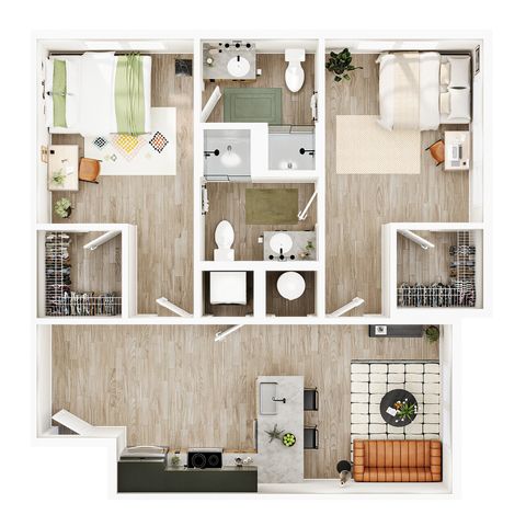 Modern floor plan featuring two cozy bedrooms, a chic open-concept living area, a sleek kitchen with an island, and two contemporary bathrooms.