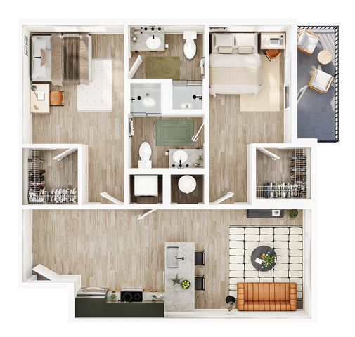 Modern 2D floor plan featuring two spacious bedrooms, two stylish bathrooms, an open-concept living area, and a sleek kitchen with a breakfast bar, complemented by a cozy balcony space.