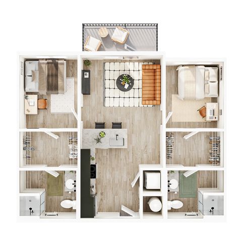 Modern 3D floor plan showcasing 2 bedrooms, an inviting open living area, contemporary kitchen with a chic island, sleek bathrooms, and a cozy balcony for relaxation.
