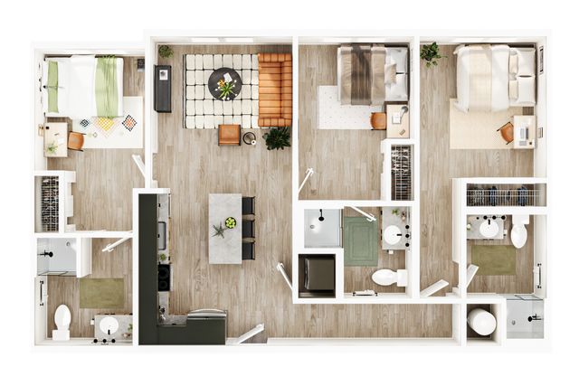 Spacious and modern 3-bedroom apartment floor plan with open-concept living and dining area, stylish kitchen, and two rejuvenating bathrooms.