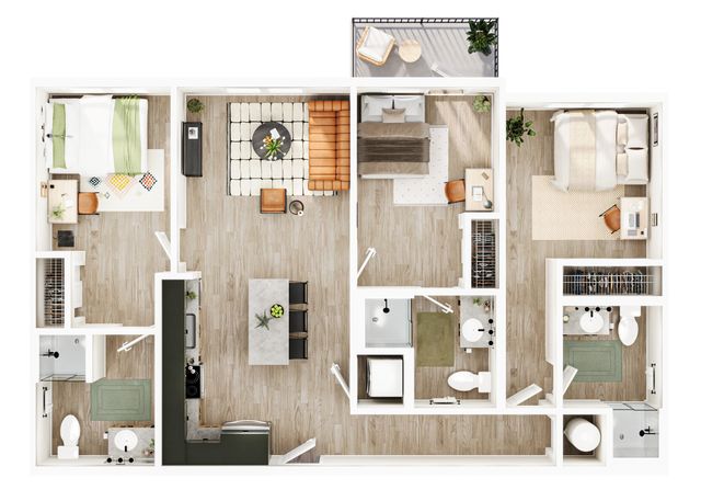 Modern floor plan showcasing 3 bedrooms, a spacious open living area, stylish kitchen, and balcony with seating.