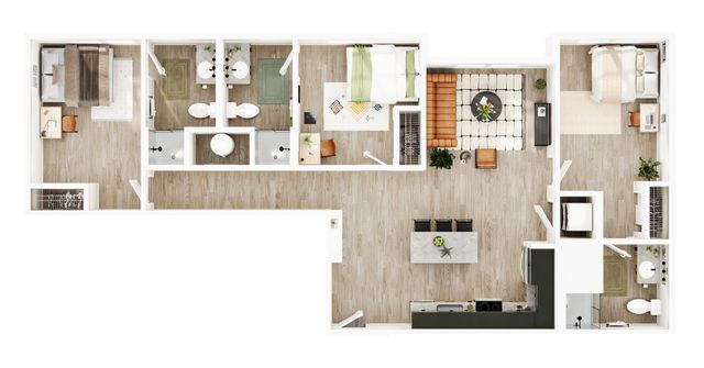 Modern floor plan featuring 3 spacious bedrooms, a stylish open-concept living and dining area, and a sleek kitchen with ample counter space.