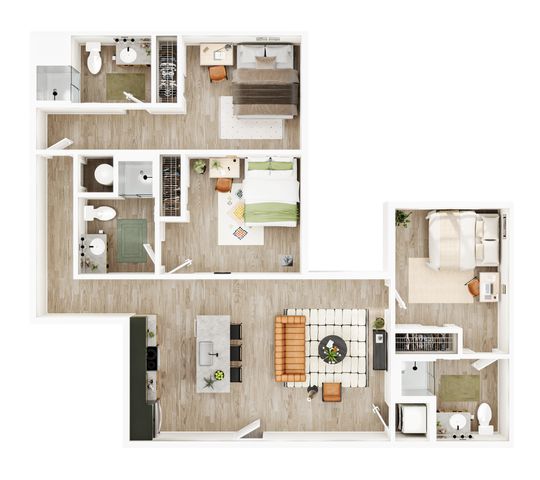 Modern 3D floor plan featuring three cozy bedrooms, open-concept living area with stylish furniture, sleek kitchen with island, and two elegant bathrooms.