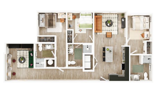 Modern floor plan showcasing 3 bedrooms, a stylish open kitchen with island, and a cozy living area with wood flooring. Ideal for contemporary living.