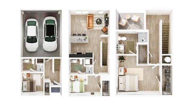 Elegant floor plan showcasing 3 bedrooms, stylish open-concept kitchen, modern living area, and spacious 2-car garage.