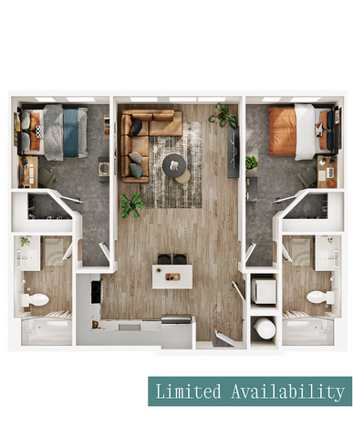 Contemporary 3D floor plan featuring two bedrooms, inviting living area, modern kitchen, and two sleek bathrooms with limited availability.