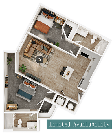 Chic 3D floor plan showcasing 2 stylish bedrooms, modern open-concept living area, and sleek kitchen. Limited availability.