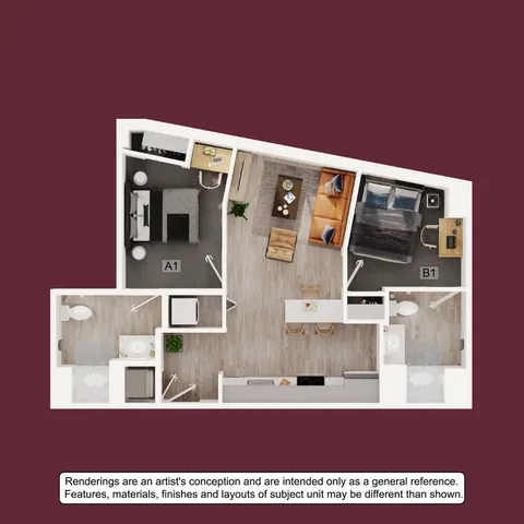Elegant 2-bedroom apartment floor plan showcasing a modern living area, open kitchen, and stylish layout on a rich maroon background.