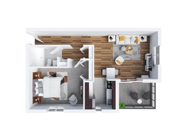 Modern, bright floor plan featuring a spacious bedroom, cozy living area, well-equipped kitchen, and a stylish balcony.