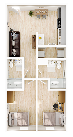 Modern apartment floor plan featuring two cozy bedrooms, open living area, and efficient kitchen with dining space. Includes two bathrooms for convenience.