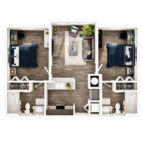 Modern 2D floor plan showcasing two bedrooms, stylish open living space, and contemporary kitchen with two bathrooms.