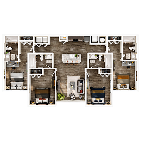 Luxurious 2D floor plan showcasing 4 bedrooms, an open living area, and a modern kitchen with an island in the center.