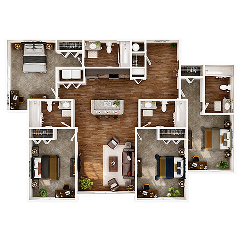 Spacious 3-bedroom floor plan featuring an open-concept living area, modern kitchen with island, and multiple bathrooms.