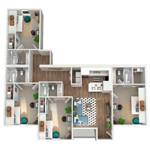 Elegant 3D floor plan showcasing a spacious layout with three bedrooms, two modern bathrooms, a sleek kitchen, and a cozy open-concept living area with chic decor.