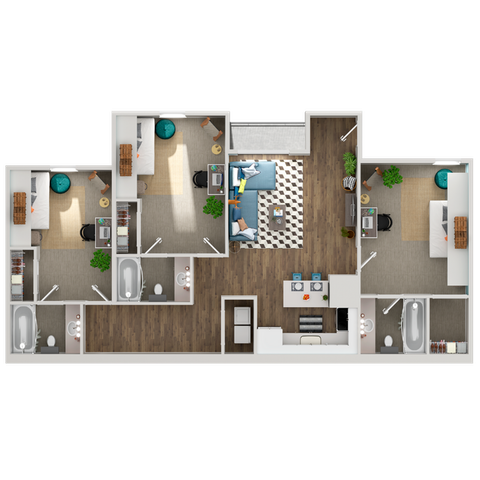 Modern floor plan showcasing 3 bedrooms, inviting living area, and fully-equipped kitchen, perfect for family living.