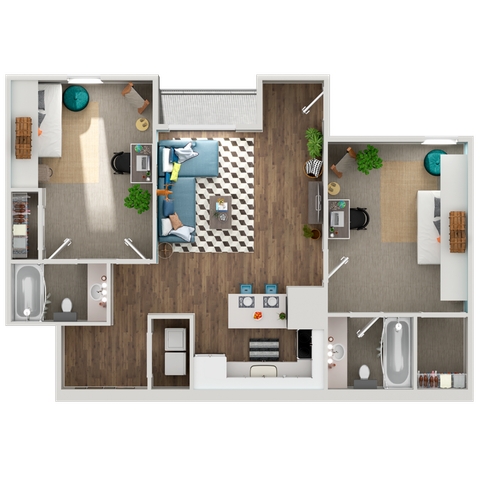 Modern floor plan showcasing 2 bedrooms with workspaces, stylish living area, and open kitchen with dining space, featuring luxurious bathrooms.