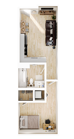 Chic 3D floor plan featuring a modern living area, a cozy bedroom, a sleek kitchen, and a stylish bathroom.