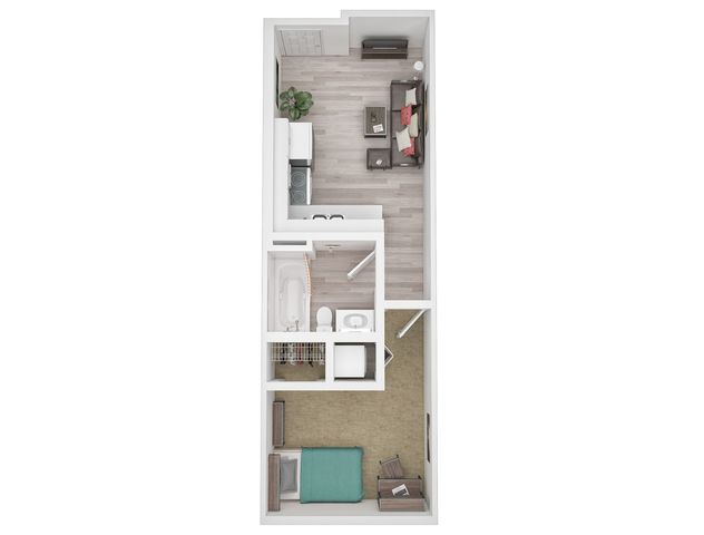 Modern 1-bedroom apartment floor plan with a cozy living area, compact kitchen, and spacious bathroom. Perfect for urban living.