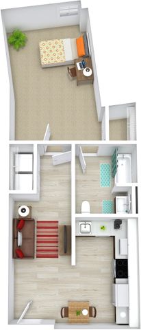 Charming 3D floor plan of a one-bedroom apartment with a cozy living area, modern kitchen, and stylish bathroom.