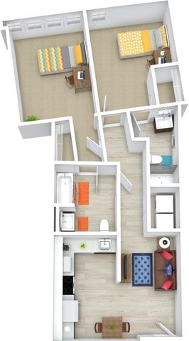 Charming 2D floor plan showcasing two cozy bedrooms, a modern kitchen, and an inviting living area, offering a perfect blend of comfort and style.