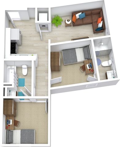 Contemporary apartment floor plan showcasing 2 bedrooms, cozy living room, sleek kitchen, and modern bathroom with thoughtful layout.
