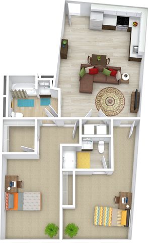 Contemporary 3D floor plan with two cozy bedrooms, a vibrant living room, and a modern kitchen.