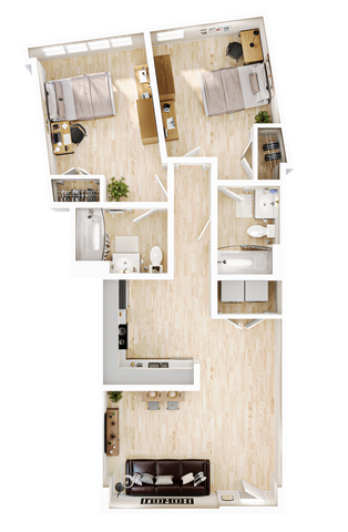 Modern 3D floor plan showcasing a stylish apartment with 2 bedrooms, an inviting open kitchen, and a cozy living area, perfect for contemporary living.