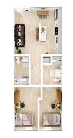 Contemporary 2D floor plan showcasing two cozy bedrooms, elegant open-plan living area, modern kitchen with island, and two luxurious bathrooms.