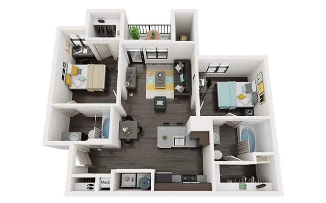 Modern 3D floor plan featuring two bedrooms, two bathrooms, an open-concept living area, and a sleek kitchen with island seating.