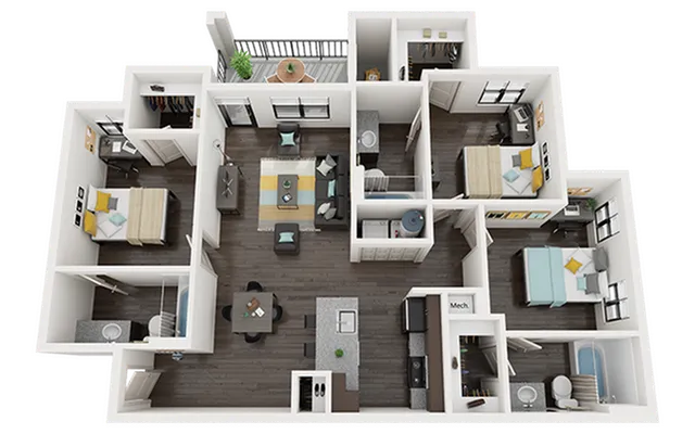 Chic 3D floor plan showcasing 3 bedrooms, open-plan living and dining area, modern kitchen, and cozy balcony.